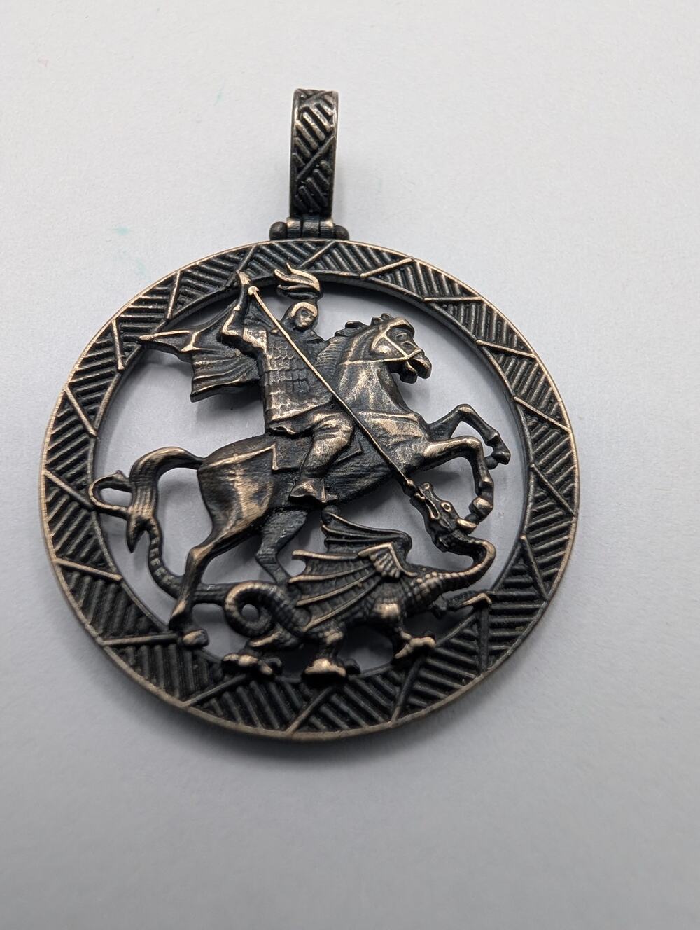 St George & The Dragon Pendant Medallion Oxidized Bronze Tone Knight Mythology